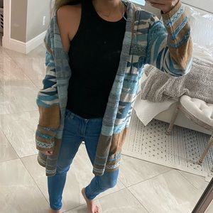 New! Never worn. 2 Sisters Label Blue & Brown Geometric Hooded Open Cardigan